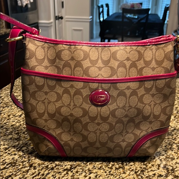 Coach Tan and Pink Crossbody Bag with Monogram - Picture 1 of 5